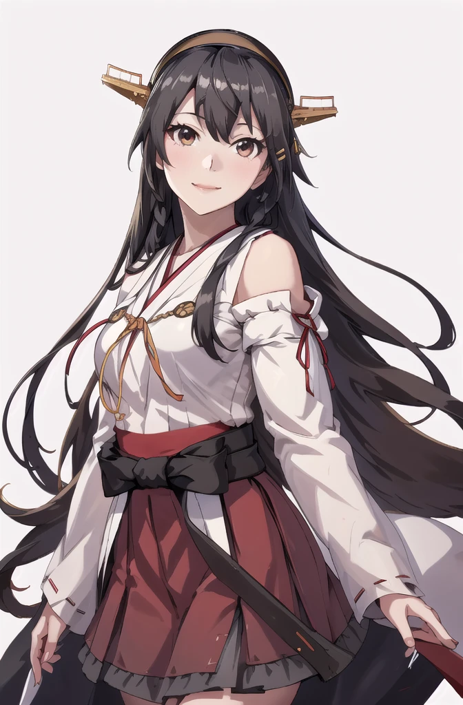 Highest quality, masterpiece, High resolution, 一人in, {Aaron_Kantai Collection:1.15}, black_hair, length_hair, hair_ornament, hairband, brown_eye, hairclip, red面, smile, headgear, chest, Non-traditional_Shrine maiden, hair_between_eye, One Girl, independent_sleeve, Japanese_Clothes, Looking_in_audience, red_skirt, ribbon-trimmed_sleeve, ribbon_trim, skirt, just_shoulder, Simple_background, white_background, Open_mouth, sarashi, wide_sleeve, ((オフィスbackground, リビングbackground))