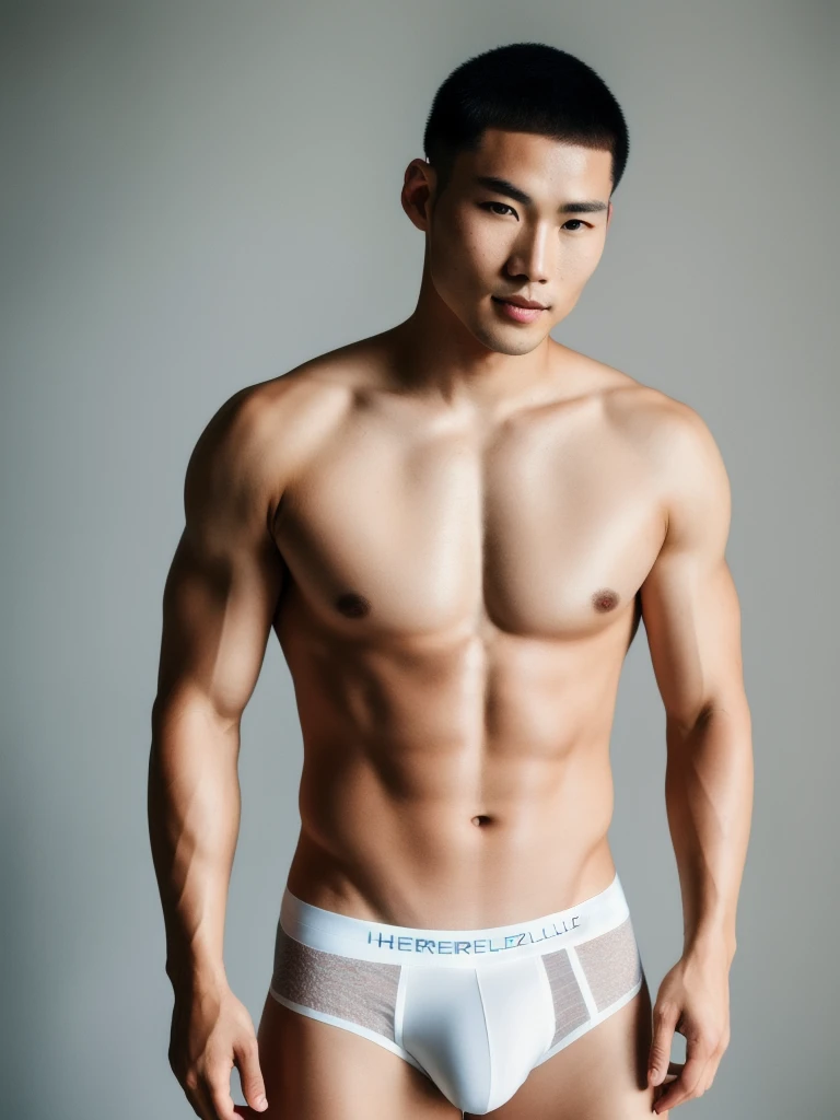 full frame, full body, cute, male model, Herculean Chinese male, taupe clear skin, auburn buzzcut hair, heterochromia eyes, (skin texture), white underwear, skin pores, shallow depth of field, sharp eye focus, backlit