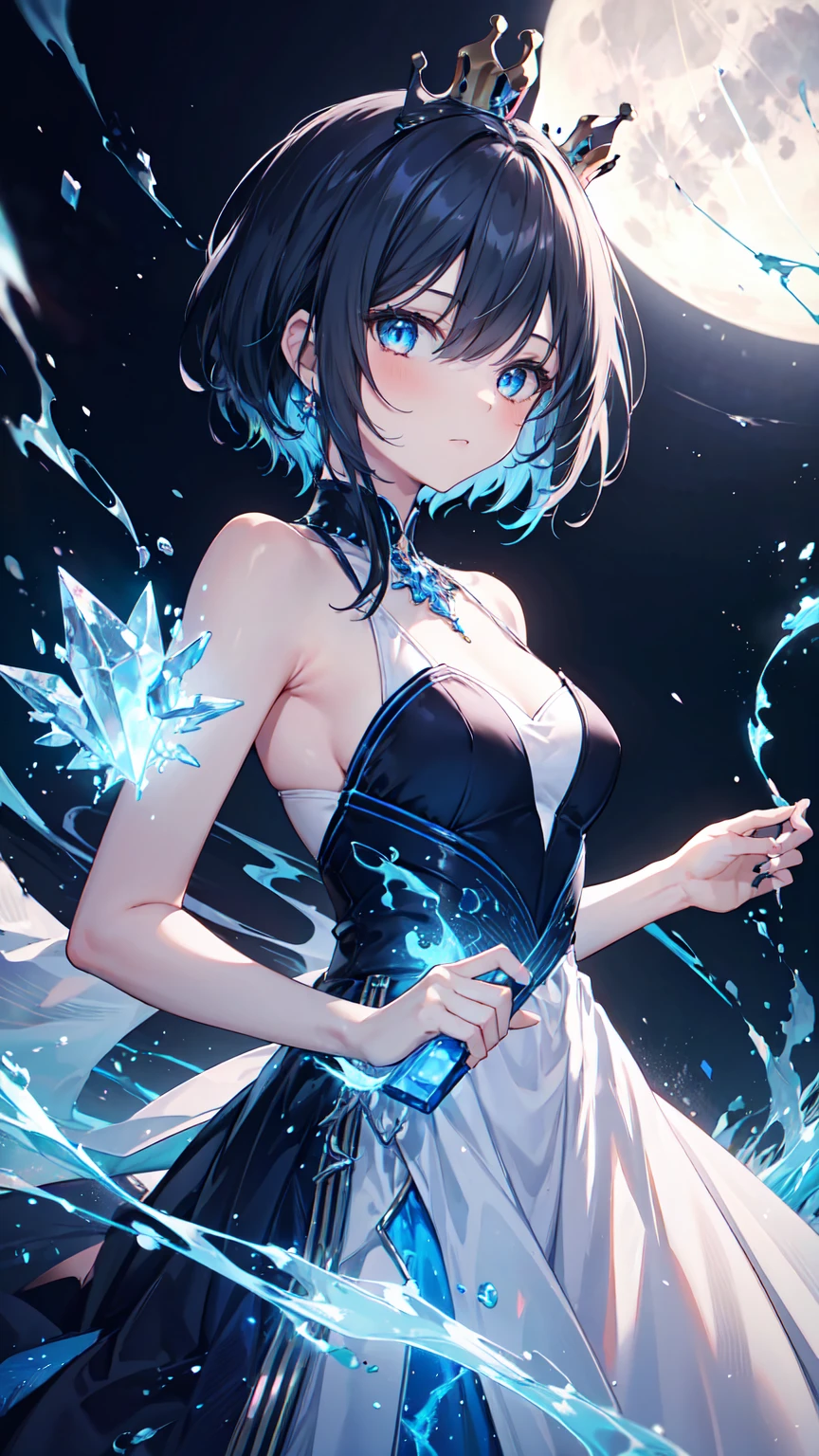 night, ((1 girl)), alone, masterpiece, 8k wallpaper, High resolution, Ridiculous, High quality background, short hair, black hair, Multi-colored hair, beautiful frozen village, (full moon), Blue Dress, Elaborate dress, jewelry dress, (magic:1.2), blue fire, blue eyes, glowing eyes, fire, Ice Goddess, (Beautiful blue crown), electricity, blue electricity, blue light particles