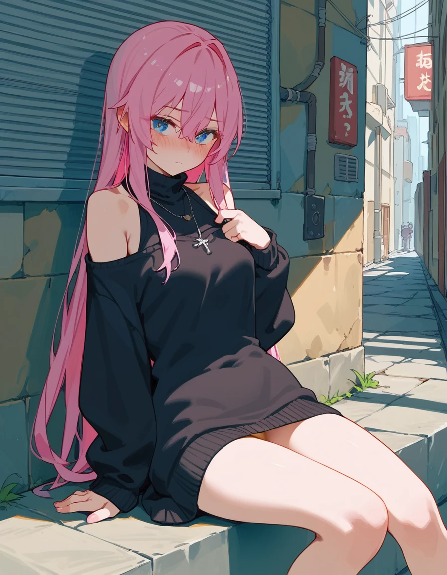 girl, Shikimori-san, Pink Hair, Long Hair, blue eyes, Hair between the eyes, bangs, blush, compensate,A little embarrassing,chest, Black sweater, Bare shoulders, No sleeve, skirt, View your viewers,Bare Belly,Sitting,masterpiece, Highest quality,nsfw,Alley, open vagina,