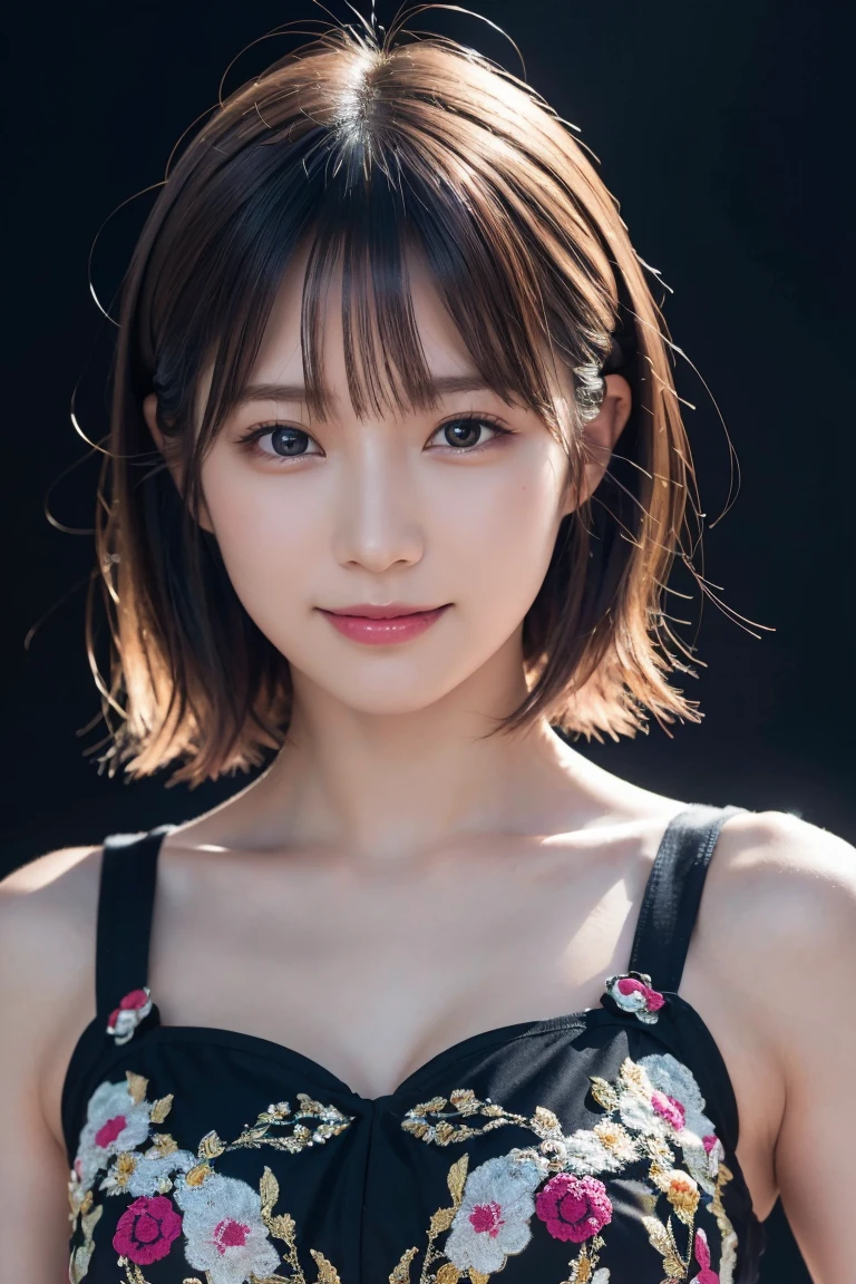 1 girl, (Wearing colorful stage costumes:1.2), Very beautiful Japanese idol portraits, Face close-up, (RAW Photos, highest quality), (Realistic, Realistic:1.4), (masterpiece), Very delicate and beautiful, Very detailed, 2k wallpaper, wonderful, finely, Very detailed CG Unity 8K wallpaper, Very detailed, High resolution, Soft Light, Beautiful detailed girl, Very detailed目と顔, Beautiful and sophisticated nose, Finely beautiful eyes, Cinema Lighting, (Simple light color background:1.3), (short hair), (Bob), Complete Anatomy, Slender body, Small breasts, smile