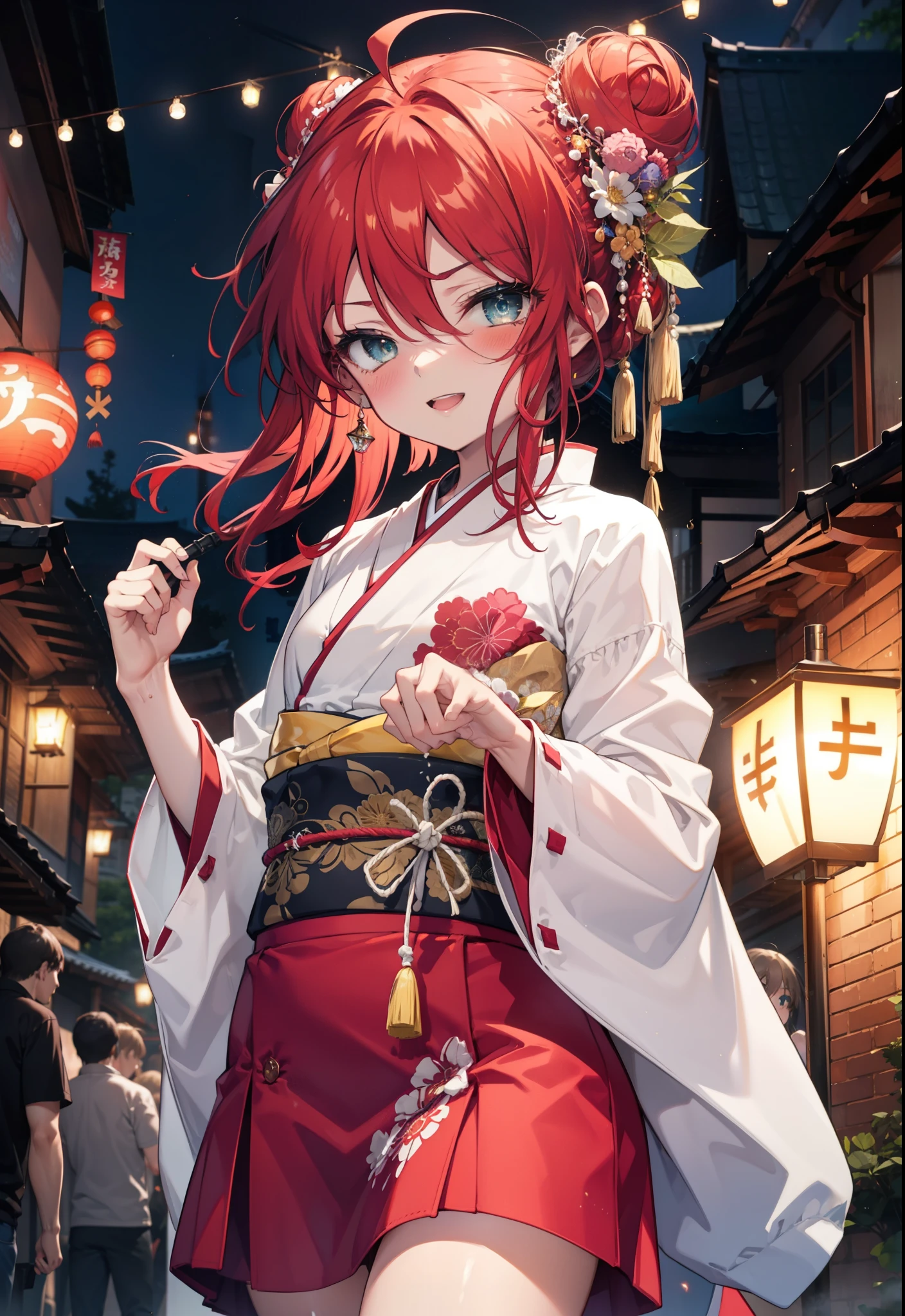 Shana,灼眼のShana,Long Hair, Red hair,Red eyes,Ahoge,smile,blush,Open your mouth,Hair Bun, single Hair Bun,blush,Red Kimono,Thick sleeves,Red long skirt,日本のfestival,夏festivalの屋台,Red lantern,So that the whole body goes into the illustration,Walking, break looking at viewer, Upper Body (Cowboy Shot:1. 5), break outdoors, shrine,festival, break (masterpiece:1.2), Highest quality, High resolution, unity 8k wallpaper, (shape:0.8), (Beautiful and beautiful eyes:1.6), Highly detailed face, Perfect lighting, Highly detailed CG, (Perfect hands, Perfect ???????),