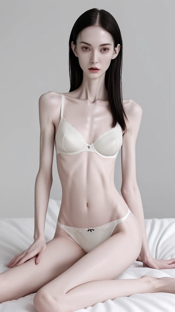 a woman, very thin body, body visible bones, very slender , sweaty weat body, pale white skin, panties, bra,tatto, full body, sit at  a bed