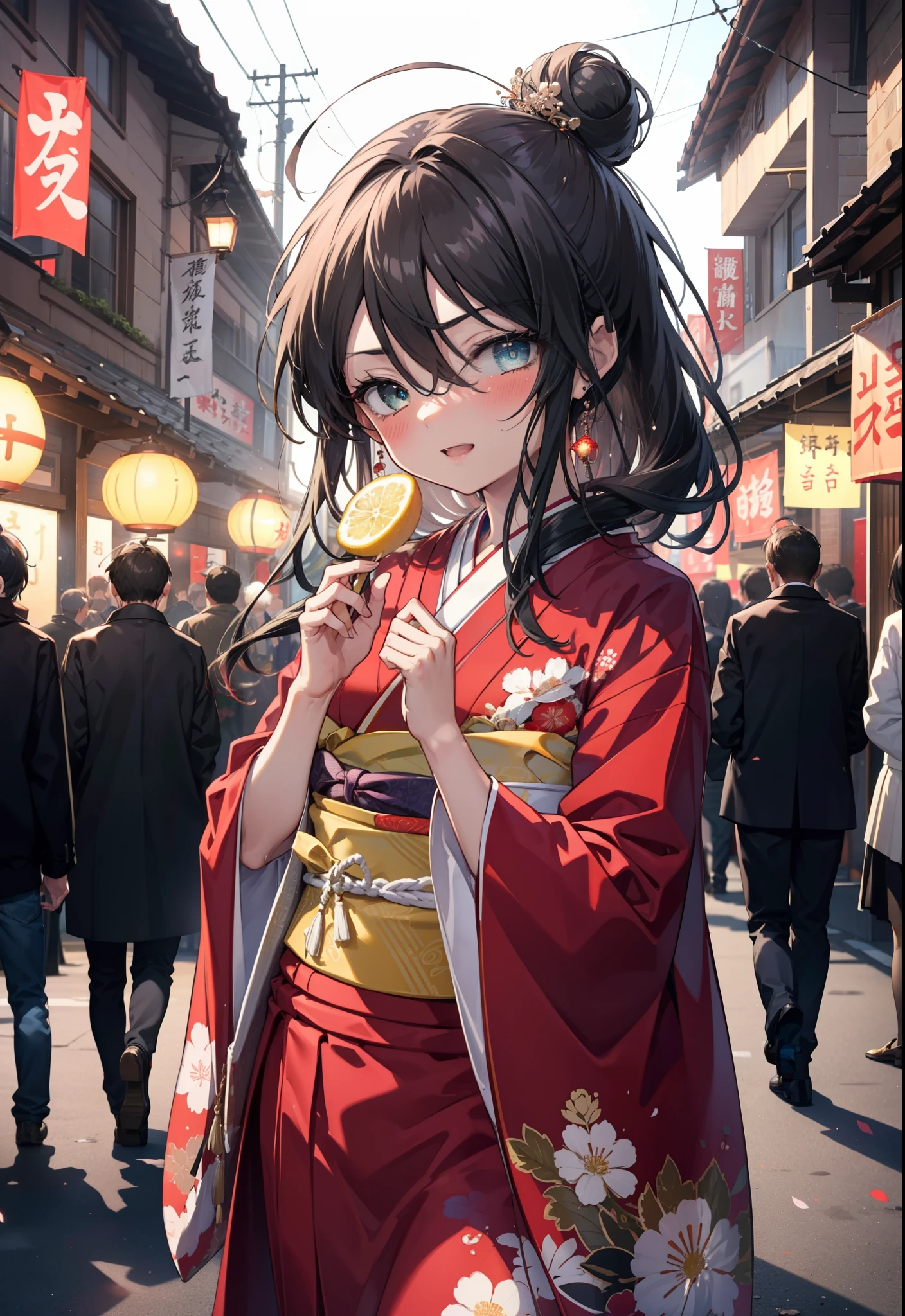 Shana,灼眼のShana,Long Hair, Red hair,Red eyes,Ahoge,smile,blush,Open your mouth,Hair Bun, single Hair Bun,blush,Red Kimono,Thick sleeves,Red long skirt,日本のfestival,夏festivalの屋台,Red lantern,So that the whole body goes into the illustration,Walking,　　　　　　　　　　　  break looking at viewer, Upper Body (Cowboy Shot:1. 5),  　　　　　　　　　　　　　　　　　　break outdoors, shrine,festival, 　　　　　　　　　　　　　break (masterpiece:1.2), Highest quality, High resolution, unity 8k wallpaper, (shape:0.8), (Beautiful and beautiful eyes:1.6), Highly detailed face, Perfect lighting, Highly detailed CG, (Perfect hands, Perfect Anatomy),