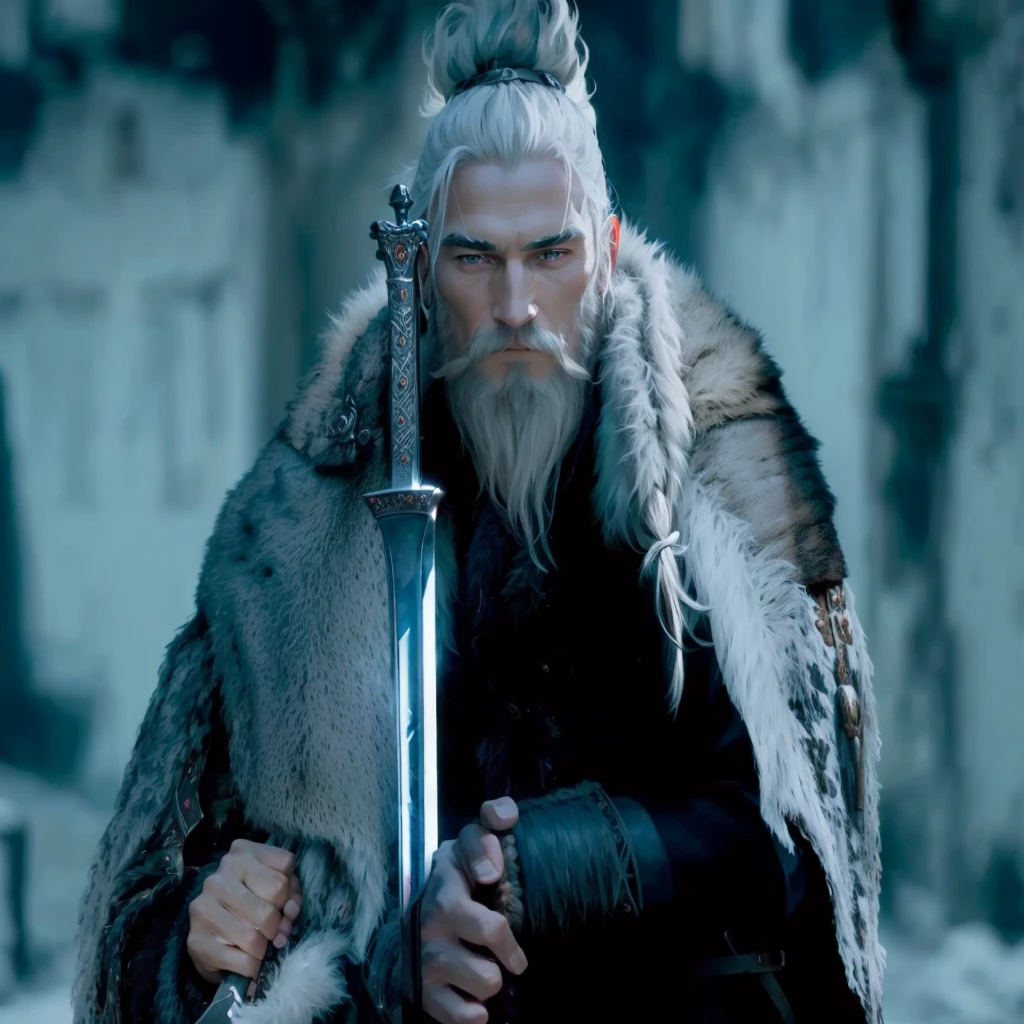 araf man with a sword in his hand and a fur coat, Vikings, rei viking, still from the film &#39;thor&#39;, Barba viking, viking warrior, epic rei viking, holds a sword, with big sword, Cultura viking, viking style, Nordic warrior, Nordic, berserker viking, holding Mjolnir, long braided Barba viking, Mjolnir