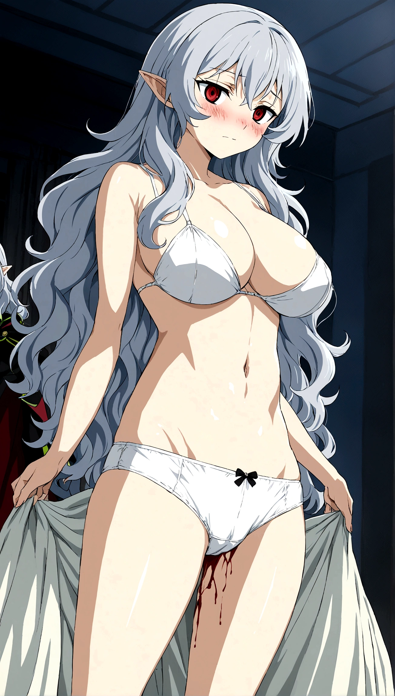 Anime. Owari no Seraph. 1 Girl. Expensive . A vampire. Clumsy mother. Silver hair. Wavy hair. Long hair. Red eyes. Beautiful eyes. Perfect eyes. Expressive eyes. Ideal face. Perfect body. Beautiful long ones. legs. Beautiful nose. 18 years. Big breasts. Standing. Bedroom. Full height. Beautiful character design. Shiny skin. Pointy ears. White underwear. She's on her period. Her stomach hurts. Her crotch is bleeding. there is a small spot of blood on her panties. A castle in vampire territory. Whole body. NSF. Official art. Extremely detailed CG Unity 8k wallpaper. Ideal lighting. Ultra high resolution 4K. Super detailed 8K. A high resolution.