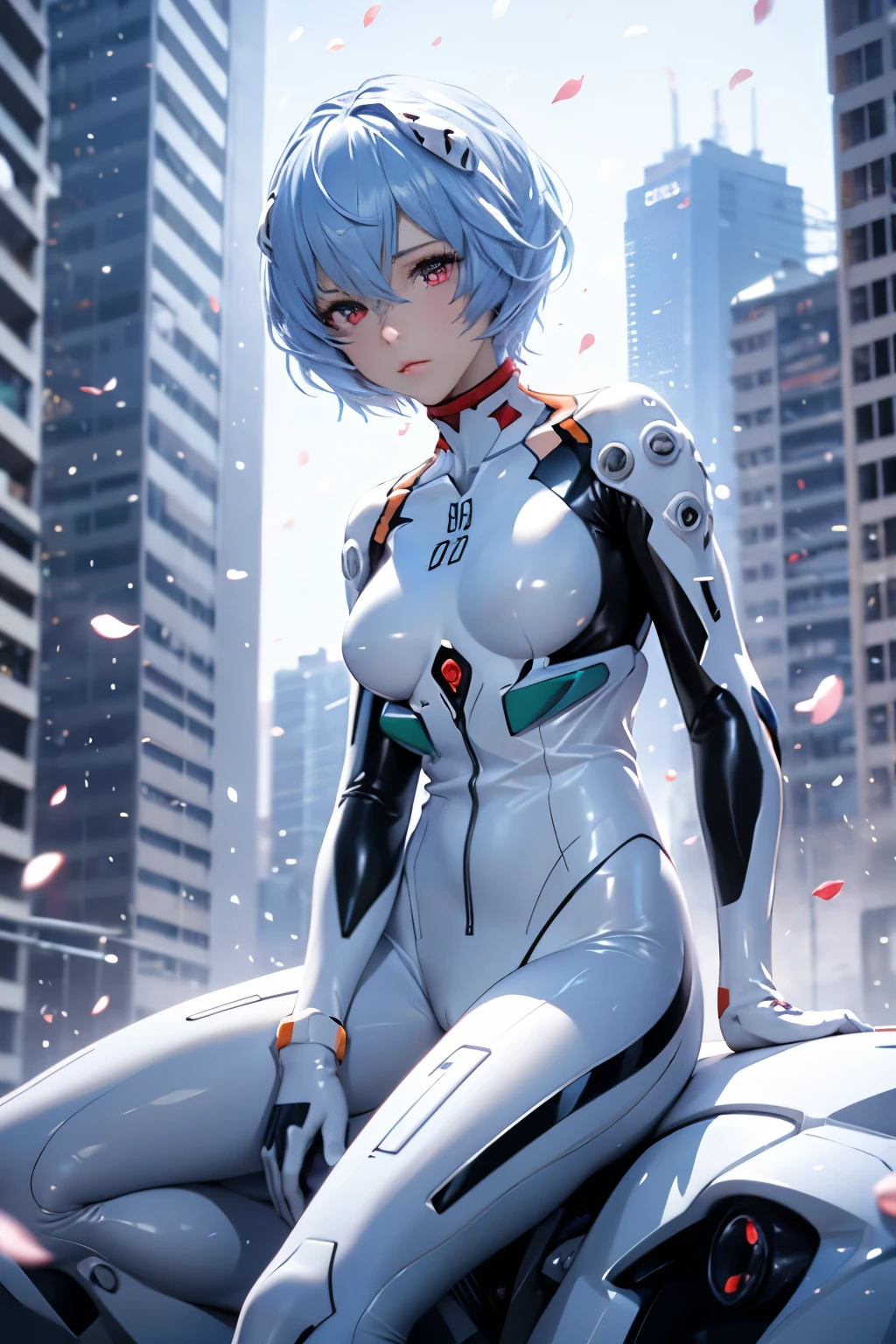 (Realistic, photoRealistic), ayanami, One Girl, Blue Short Hair, White hair ornament, (underwear), Sit on the ground, noon、Sexy pose、Buildings、(Cowboy Shot),(Tabletop, high quality, 最high quality), (colorful),(Delicate eyes and face), Volumetric Light, Ray Tracing, Highly detailed CG Unity 8k wallpaper,alone、((Fluttering petals)),Outdoor, ((cyber punk)), Cyber City, ((Neon Trim)),frontage,(Spread your legs)