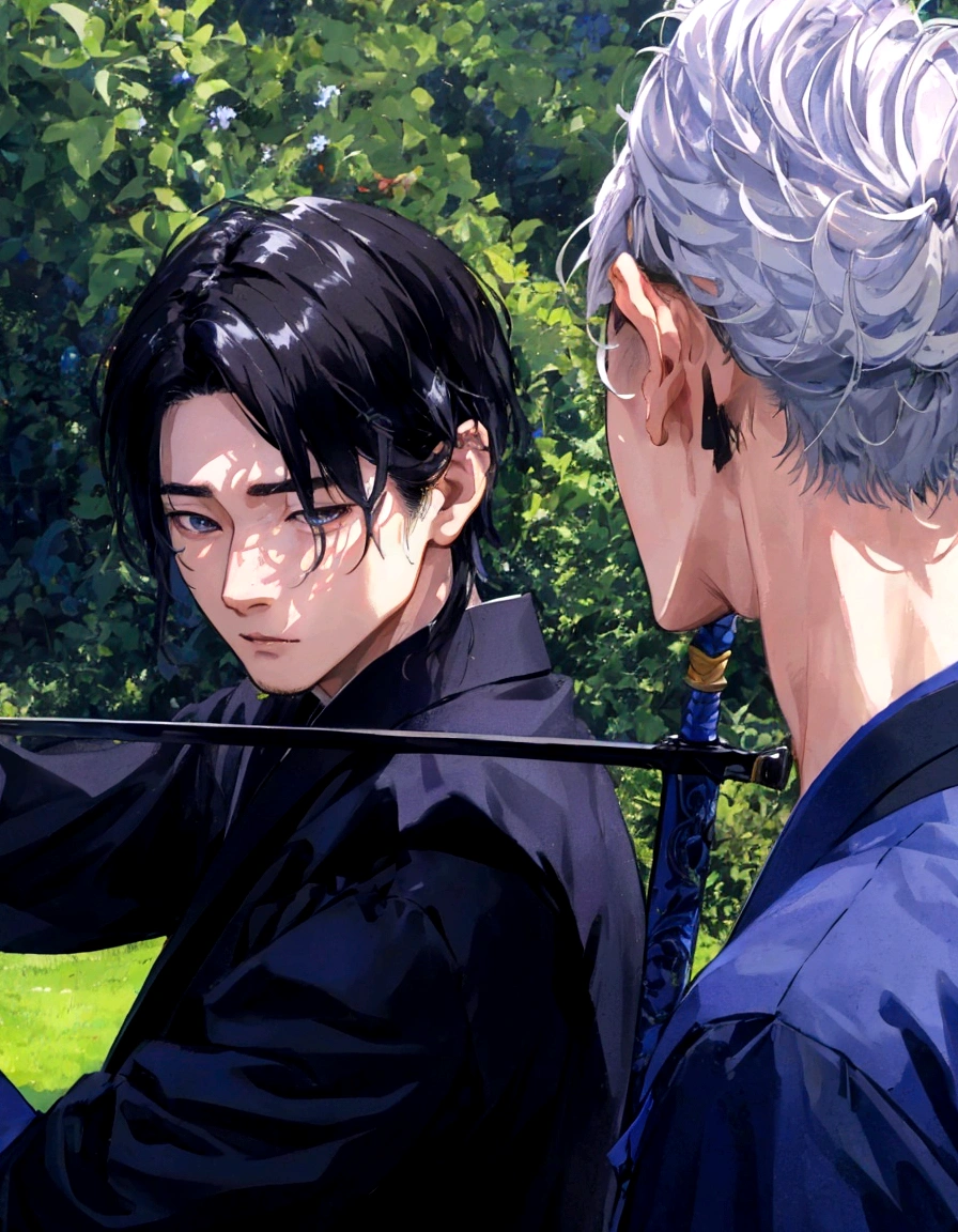 there are two men who are standing on the grass with a sword, cai xukun, still from a live action film, supper from live action movie, Japanese live action film, photoshoot, supper!!, beautiful japanese boy, he has dark gray hair, Live-action adaptation, miko, on set