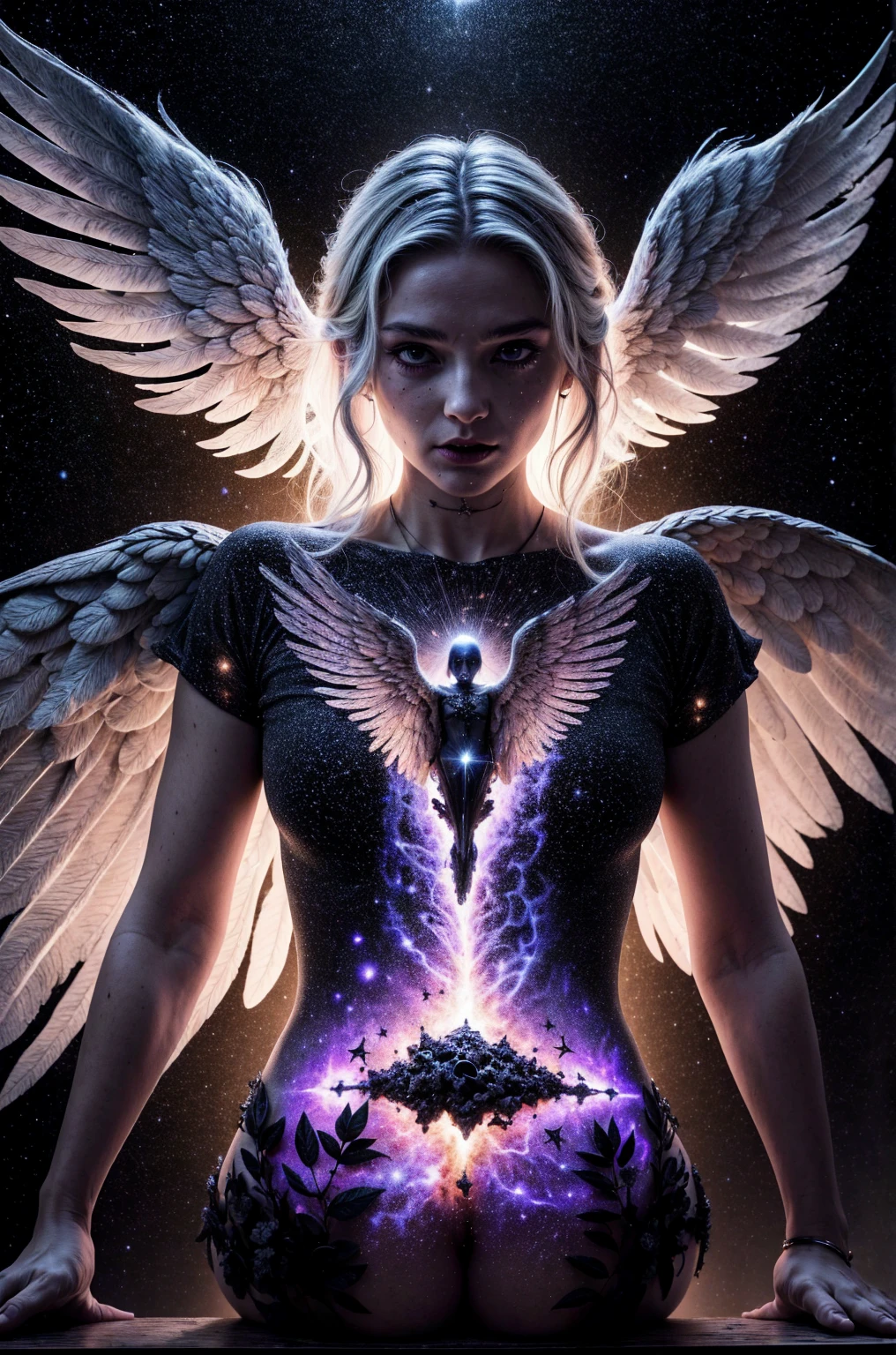 (Masterpiece), (Best Quality: 1.4), absurdities, [:intricate details:0.2],witch, angel wings, milky way, sky, bright aura, intense focus, crackling energy, mysterious symbols, bright specks,Paticulas,many details