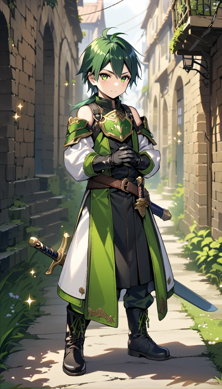 1boy, solo, male , , toddler, 1boys is 15 years old, hair, long hair,  green eyes, chest plate, armored dress, bare shoulders, gloves, boots, sword, own hands together, legs apart, standing, scabbard, sheath, sheathed, 
BREAK male focus, fantasy, outdoors, sparkle,