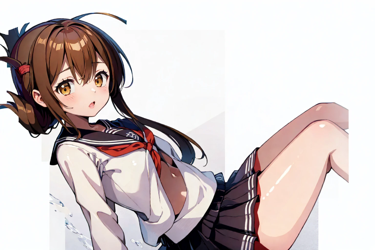(masterpiece, best quality:1.2),illustration,8k,hd,1girl,solo,upper body,(portrait:1.2),brown_hair,folded_ponytail,brown_eyes,serafuku,long_hair,school_uniform,skirt,pleated_skirt,