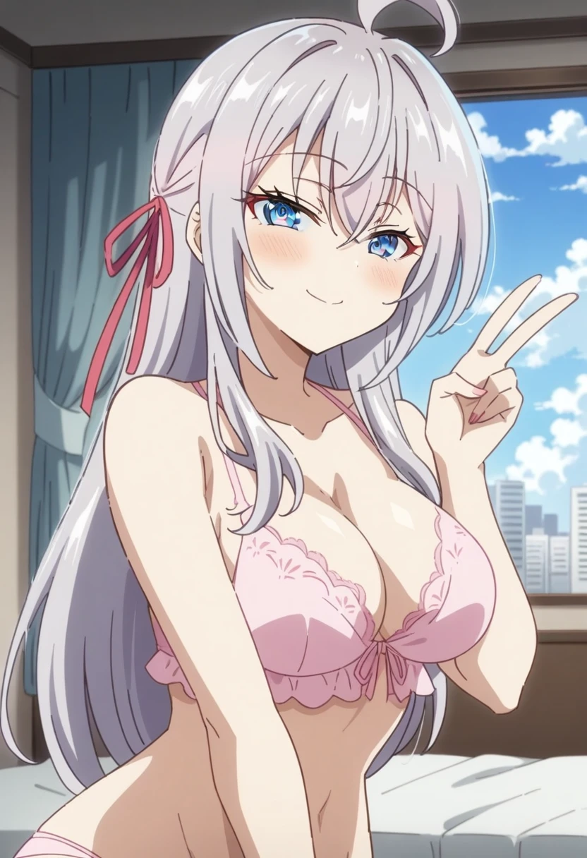 (anime art style:0.1), 2d, masterpiece, best quality, very aesthetic, absurdres, dynamic shadows, atmosferic, alisa_mikhailovna, (1girl), (grey hair), long hair, blue eyes, detailed eyes, ahoge, hair between eyes, bangs, medium breasts, curvy body, makeup, intense blush, cleavage, collarbone, (sexy smile), hair ribbon, pink lingerie, lace-trimmed lingerie, sexy smile, (upper body), standing, (v), looking at viewer, indoors, bed, city, clouds