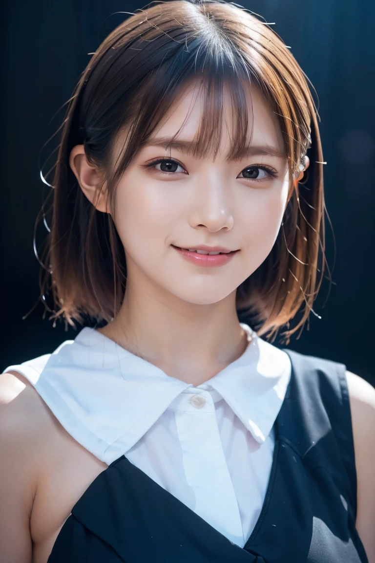 1 girl, (Wearing colorful stage costumes:1.2), Very beautiful Japanese idol portraits, Face close-up, (RAW Photos, highest quality), (Realistic, Realistic:1.4), (masterpiece), Very delicate and beautiful, Very detailed, 2k wallpaper, wonderful, finely, Very detailed CG Unity 8K wallpaper, Very detailed, High resolution, Soft Light, Beautiful detailed girl, Very detailed目と顔, Beautiful and sophisticated nose, Finely beautiful eyes, Cinema Lighting, (Simple light color background:1.3), (short hair), (Bob), Complete Anatomy, Slender body, Small breasts, smile