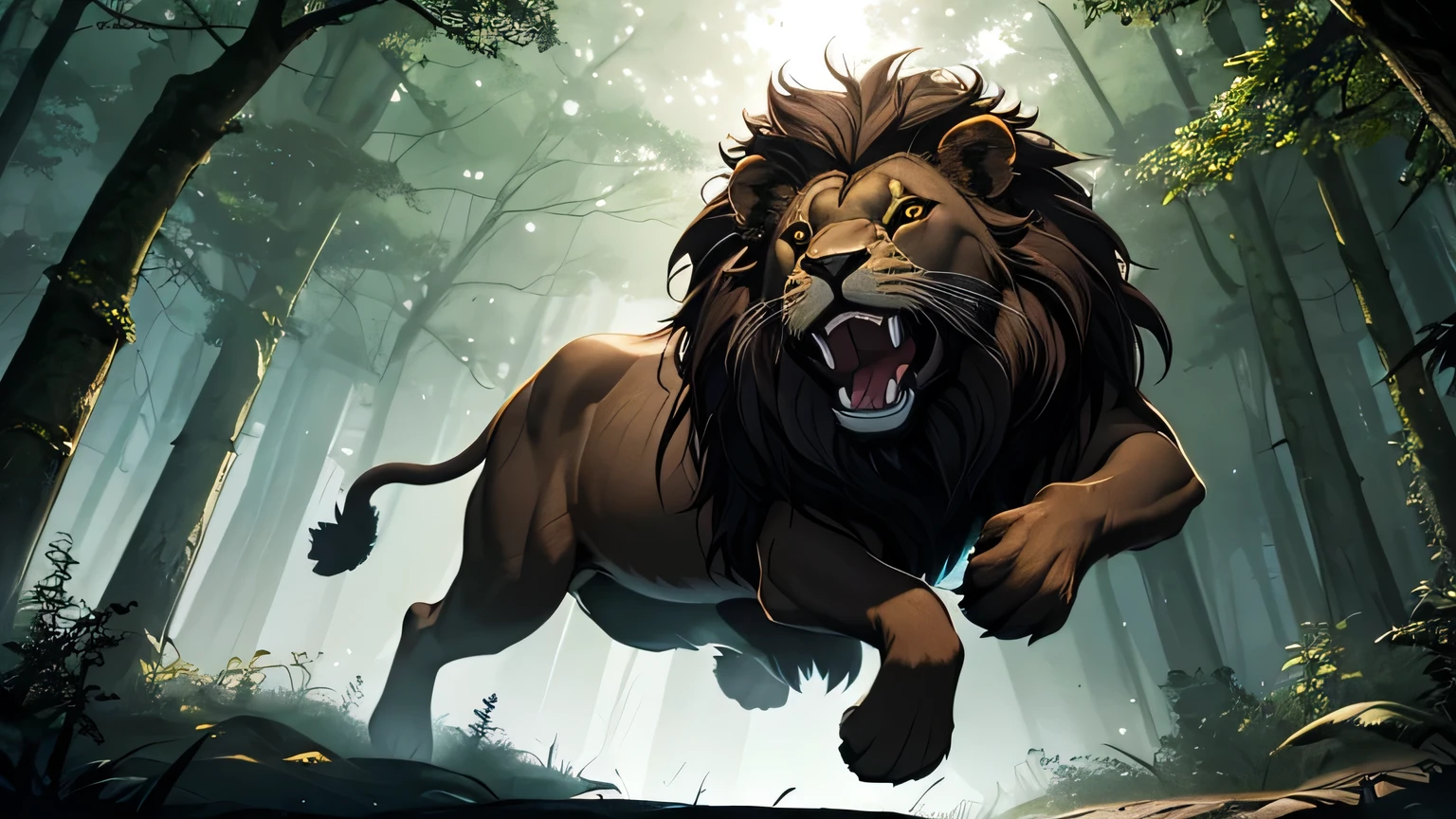 dark brown lion jumping with open jaws to attack violently in a dark and mysterious forest at night, movement scene in the forest, changing lighting, hyper-realistic lighting, cinematic,