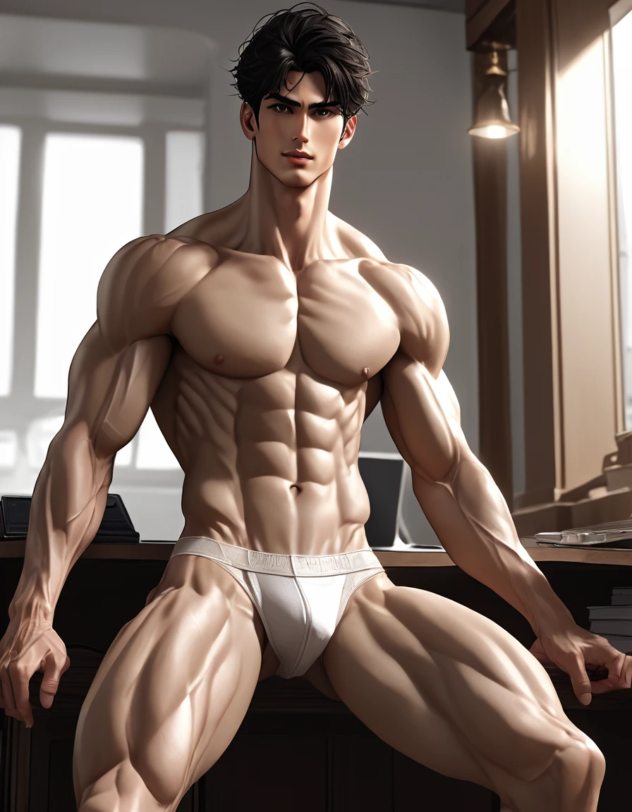 in hentai+ yaoi+anime style (( NAKED fullbody)) hd, 8k resolution, FULLBODY, 16k resolution, hd, fullbody, ((view from the front)) A young man, ((perfect erected curved detailed penis)) latino, cinnmon skin, thin face, straight nose, thin lips, square chin, large black eyes, short black, wavy hair, in roberto ferri style, aesthetic slim athletic body, very tall, latino, realistic skin, gorgeous, realistic detailed tonned muscles, barefoot, perfect anatomy, muscled fitness body, 195cm tall, realistic skin, skinny realistic detailed muscles , he is NAKED, small erected penis, sitting with spread legs on a desk next to an art deco desk with a orange laptop barefoot, perfect detailed feet, relaxed body lenguaje, relaxed face expresion. ((side view, storbe lighting, Leading Lines composition )) background art deco foffice, with shelves with large windows to see a lighthouse
