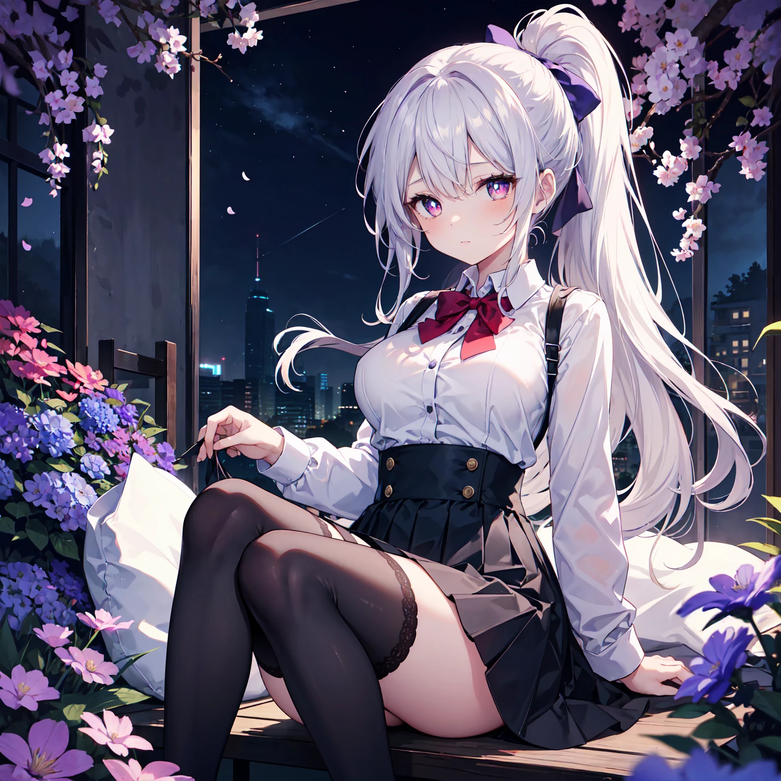best quality, masterpiece,, illustration, wallpaper,1 girl, alone, Uniforms, White shirt, Black skirt, Light-colored hair, Semi-long hair, Beautiful and meticulous girl, Extremely detailed eyes and face, Beautiful and delicate eyes, Shy, Nature_light, glow,NSFW, clean Sky, looking at the audience, outdoor, night Sky, Star (Sky), Loafers, Black tights, blue bow tie, Straight Hair, Purple petals, purple and blue flowers, red pupils, ponytail, blue ribbon,white hair, Gentle_thigh, Large Breasts, Red eyes,