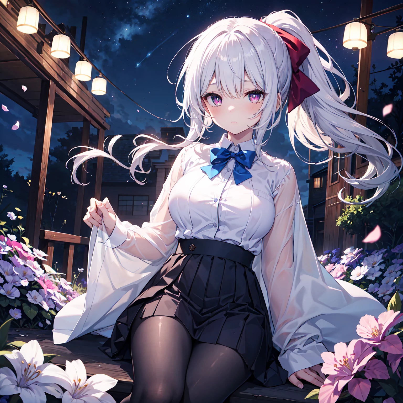 best quality, masterpiece,, illustration, wallpaper,1 girl, alone, Uniforms, White shirt, Black skirt, Light-colored hair, Semi-long hair, Beautiful and meticulous girl, Extremely detailed eyes and face, Beautiful and delicate eyes, Shy, Nature_light, glow,NSFW, clean Sky, looking at the audience, outdoor, night Sky, Star (Sky), Loafers, Black tights, blue bow tie, Straight Hair, Purple petals, purple and blue flowers, red pupils, ponytail, blue ribbon,white hair, Gentle_thigh, Large Breasts, Red eyes,