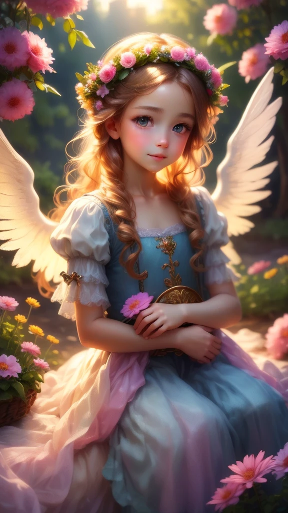 masterpiece、highest quality、8K、realperson、Realistic、Very detailed CG、shiny skin、Fully Focused、skyline、The Glory of God、shining brightly、Angel、blessings、happiness、  angel wings lots of flowers wearing a flower dress flower crown on head