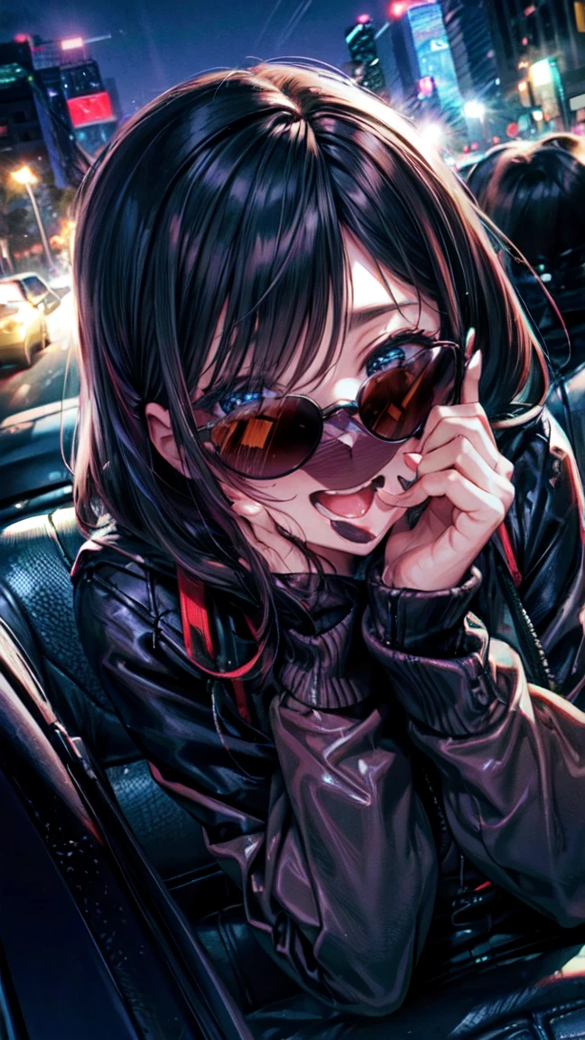 One Woman Car sex Big Butt Feeling face Inside the car at night Girls who love sex Happy face sunglasses Blushing and embarrassed