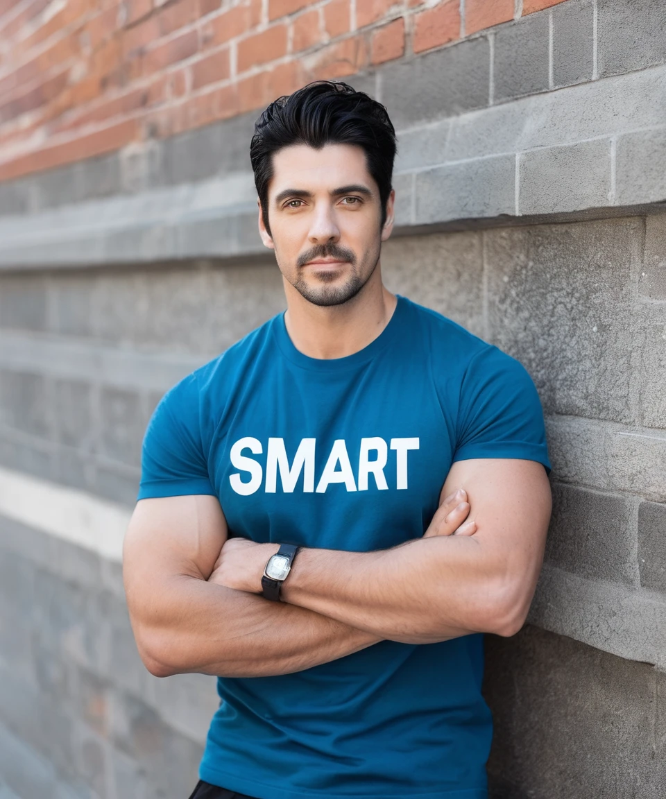 white man with black hair with a smart face, strong body and blue t-shirt
