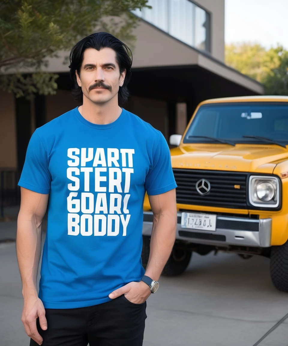 white man with black hair with a smart face, strong body and blue t-shirt