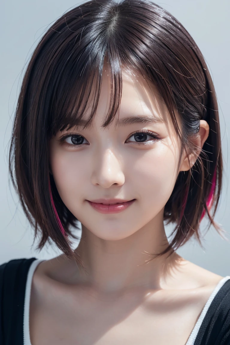1 girl, (Wearing colorful stage costumes:1.2), Very beautiful Japanese idol portraits, Face close-up, (RAW Photos, highest quality), (Realistic, Realistic:1.4), (masterpiece), Very delicate and beautiful, Very detailed, 2k wallpaper, wonderful, finely, Very detailed CG Unity 8K wallpaper, Very detailed, High resolution, Soft Light, Beautiful detailed girl, Very detailed目と顔, Beautiful and sophisticated nose, Finely beautiful eyes, Cinema Lighting, (Simple light color background:1.3), (short hair), (Bob), Complete Anatomy, Slender body, Small breasts, smile