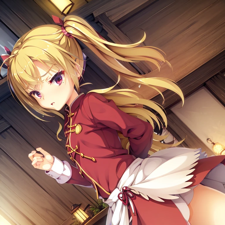 A small girl, seductive, ((forehead to show)), attractive, sexy eyes, flat eyebrows, red coat, blonde hair, twintail, delicate, young, long hair, detailed face, high definition, full body, chinese maid outfit, angry face, cafe, hands behind back
