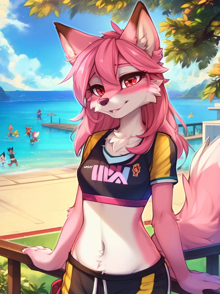 from Kenketa, Ross Tran, Ruan Jia, mumps, Foxovh, от zackary911, от Hyattlen, on a terrace, by Fumiko, от Pixelsketcher, by Bayard Wu, Thomas Benjamin Kennington, from Einshelm, from Kilina, by Coffeesoda, from Hyoshiru, from down-kevlar, от r-mk, by Dimwitdog, fluffy, Nazuna_hiwatasi, antro, Female, One, standing, mocking look, (half-closed eyes), pink hair, pink tail, (sportswear), (Red eyes), I look at the viewer, (Medium breasts, hips), (Fox), sunny day, (public park), (pink body, two-tone fur), (blushing, you're sweating), (hair in a ponytail), (Older), (((sheer thong:1.4))), pussy, sutiã esportivo de time, short esportivo de time ((amarelo))