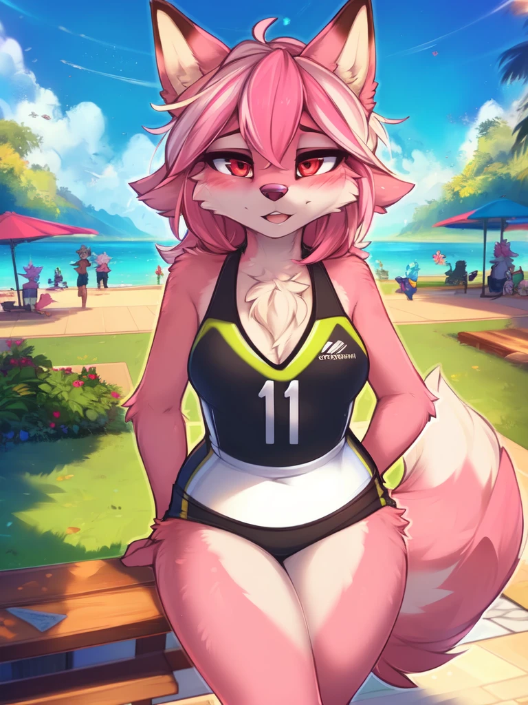 from Kenketa, Ross Tran, Ruan Jia, mumps, Foxovh, от zackary911, от Hyattlen, on a terrace, by Fumiko, от Pixelsketcher, by Bayard Wu, Thomas Benjamin Kennington, from Einshelm, from Kilina, by Coffeesoda, from Hyoshiru, from down-kevlar, от r-mk, by Dimwitdog, fluffy, Nazuna_hiwatasi, antro, Female, One, standing, mocking look, (half-closed eyes), pink hair, pink tail, (sportswear), (Red eyes), I look at the viewer, (Medium breasts, hips), (Fox), sunny day, (public park), (pink body, two-tone fur), (blushing, you're sweating), (hair in a ponytail), (Older), (((sheer thong:1.4))), pussy, sutiã esportivo de time, short esportivo de time ((amarelo))