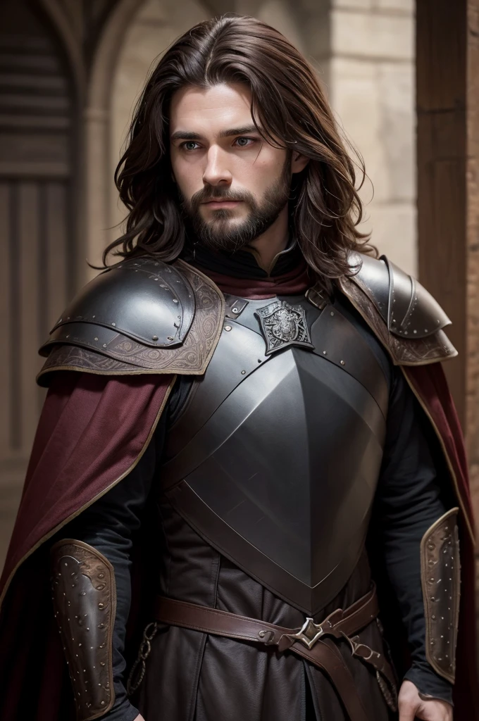 30 year old young man, brown hair and beard, wearing black armor with a cape and House Blackwood crest from Game of Thrones emblazoned on the chest