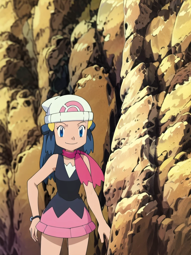 masterpiece, best quality, highres, 1girl, solo, dawn (pokemon), pink scarf, black shirt, pink skirt, hat, outdoors, bare shoulders,smile