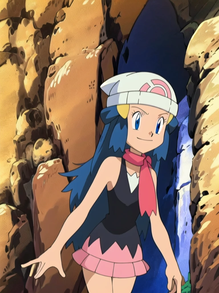 masterpiece, best quality, highres, 1girl, solo, dawn (pokemon), pink scarf, black shirt, pink skirt, hat, outdoors, bare shoulders,smile