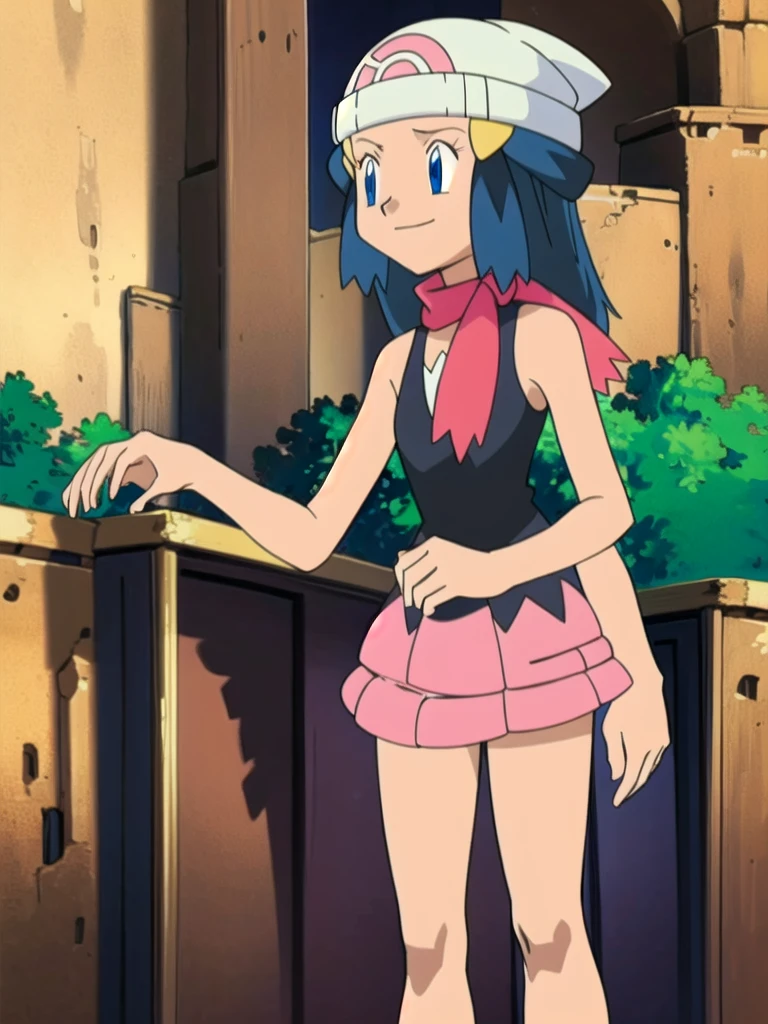 masterpiece, best quality, highres, 1girl, solo, dawn (pokemon), pink scarf, black shirt, pink skirt, hat, outdoors, bare shoulders,smile