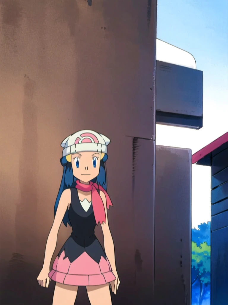 masterpiece, best quality, highres, 1girl, solo, dawn (pokemon), pink scarf, black shirt, pink skirt, hat, outdoors, bare shoulders,smile