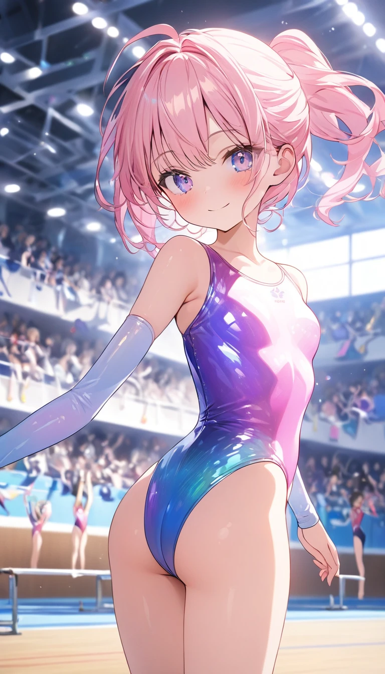 highquality illustration, masterpiece, very delicate and beautiful, attractive girl,(gymnastics leotard, Floral patterns leotard,long sleeve leotard with glittery decoration,high_leg leotard,athletic leotard,tight-fit leotard,iridescent gradient leotard,long-sleeve leotard),thin,slender body,slim,high school,gymnasium background,gymnastics club,gymnastics athlete,princess, beautiful eyes,light smile,(masterpiece, best quality:1.2), highres, extremely detailed CG unity 8k wallpaper, perfect lighting, Colourful, ultra-high res,4K,ultra-detailed, photography, 8K, HDR,  ages, full body,