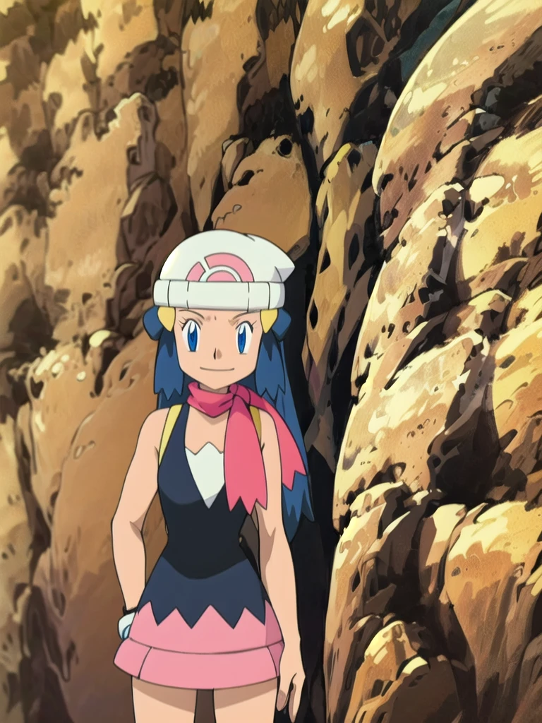 masterpiece, best quality, highres, 1girl, solo, dawn (pokemon), pink scarf, black shirt, pink skirt, hat, outdoors, bare shoulders,smile