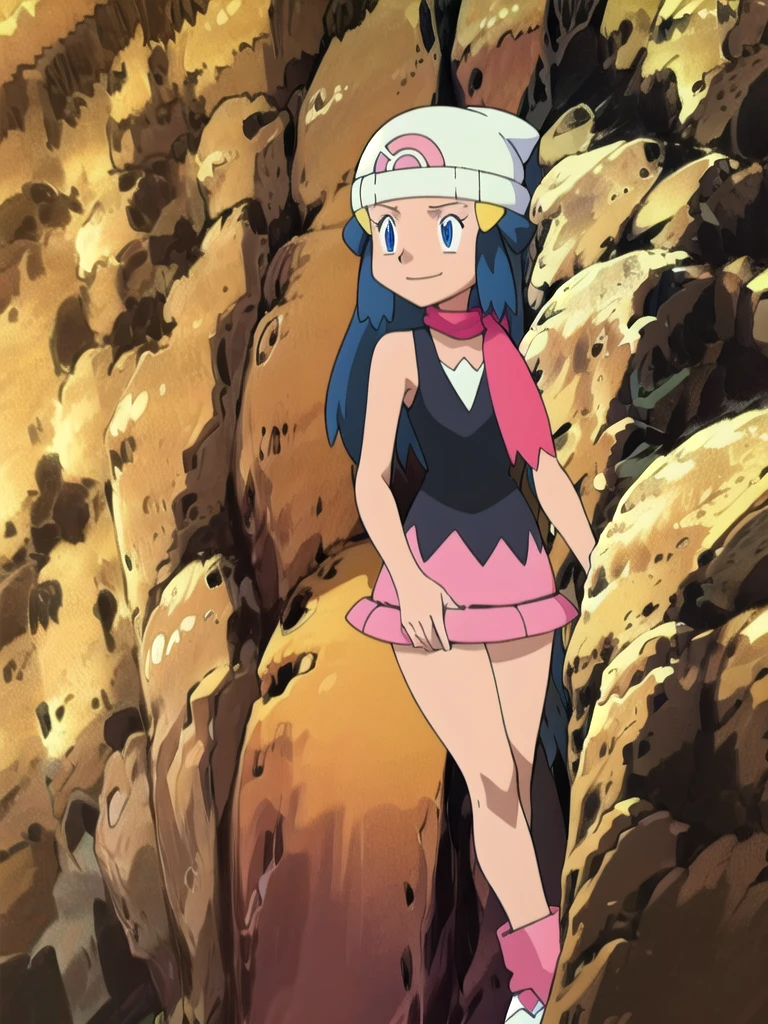 masterpiece, best quality, highres, 1girl, solo, dawn (pokemon), pink scarf, black shirt, pink skirt, hat, outdoors, bare shoulders,smile