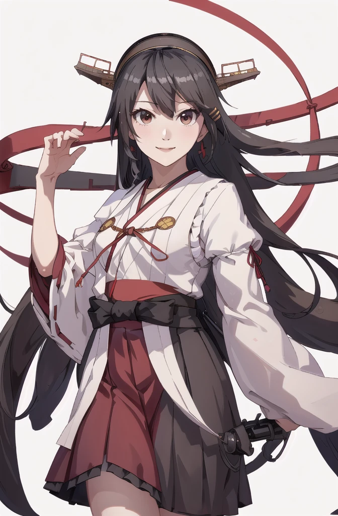 Highest quality, masterpiece, High resolution, 一人in, {Aaron_Kantai Collection:1.15}, black_hair, length_hair, hair_ornament, hairband, brown_eye, hairclip, red面, smile, headgear, chest, Non-traditional_Shrine maiden, hair_between_eye, One Girl, independent_sleeve, Japanese_Clothes, Looking_in_audience, red_skirt, ribbon-trimmed_sleeve, ribbon_trim, skirt, just_shoulder, Simple_background, white_background, Open_mouth, sarashi, wide_sleeve, ((オフィスbackground, リビングbackground))