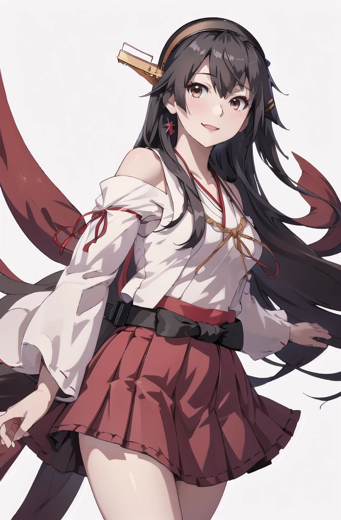 Highest quality, masterpiece, High resolution, 一人in, {Aaron_Kantai Collection:1.15}, black_hair, length_hair, hair_ornament, hairband, brown_eye, hairclip, red面, smile, headgear, chest, Non-traditional_Shrine maiden, hair_between_eye, One Girl, independent_sleeve, Japanese_Clothes, Looking_in_audience, red_skirt, ribbon-trimmed_sleeve, ribbon_trim, skirt, just_shoulder, Simple_background, white_background, Open_mouth, sarashi, wide_sleeve, ((オフィスbackground, リビングbackground))