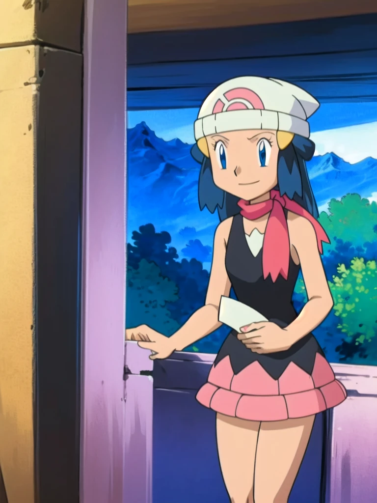 masterpiece, best quality, highres, 1girl, solo, dawn (pokemon), pink scarf, black shirt, pink skirt, hat, outdoors, bare shoulders,smile