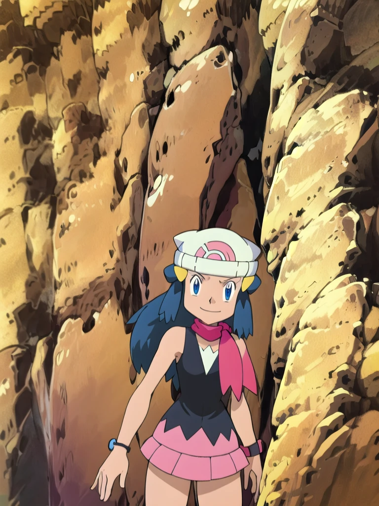 masterpiece, best quality, highres, 1girl, solo, dawn (pokemon), pink scarf, black shirt, pink skirt, hat, outdoors, bare shoulders,smile