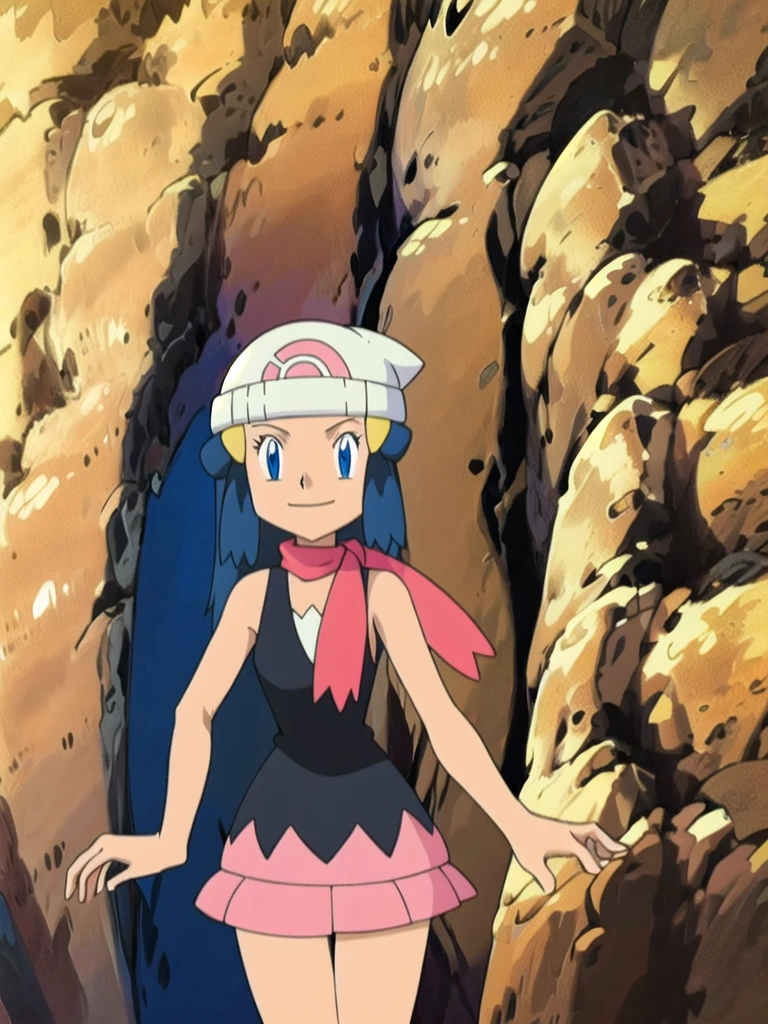 masterpiece, best quality, highres, 1girl, solo, dawn (pokemon), pink scarf, black shirt, pink skirt, hat, outdoors, bare shoulders,smile