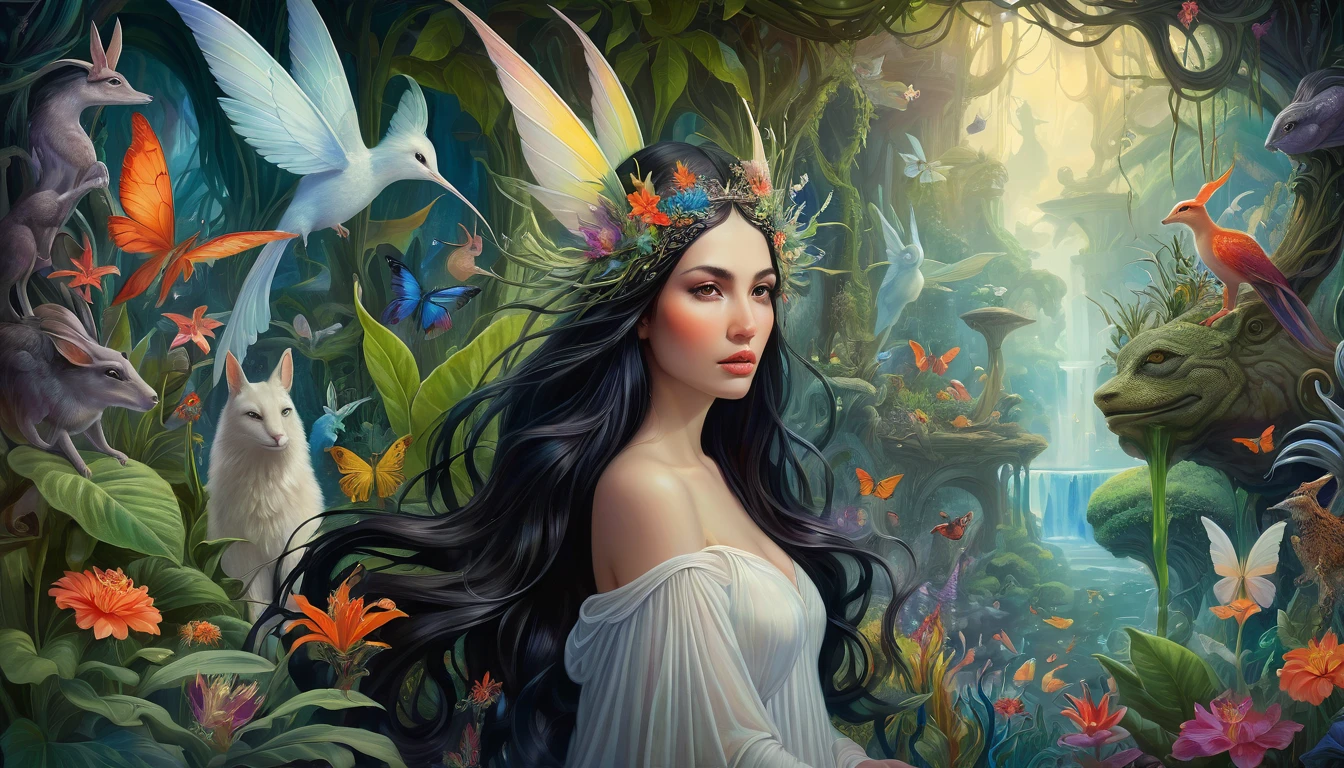 A brooding fairy queen, her dark locks cascading around alabaster skin, gazes thoughtfully amidst a whimsical menagerie of mythical creatures and lush, vibrant flora in a surreal landscape. This enchanting scene is depicted in a beautifully detailed painting, where every element exudes an otherworldly charm. The woman's ethereal presence is contrasted by the fantastical beings and exotic plants that surround her, creating a mesmerizing composition that captivates the viewer's imagination.

