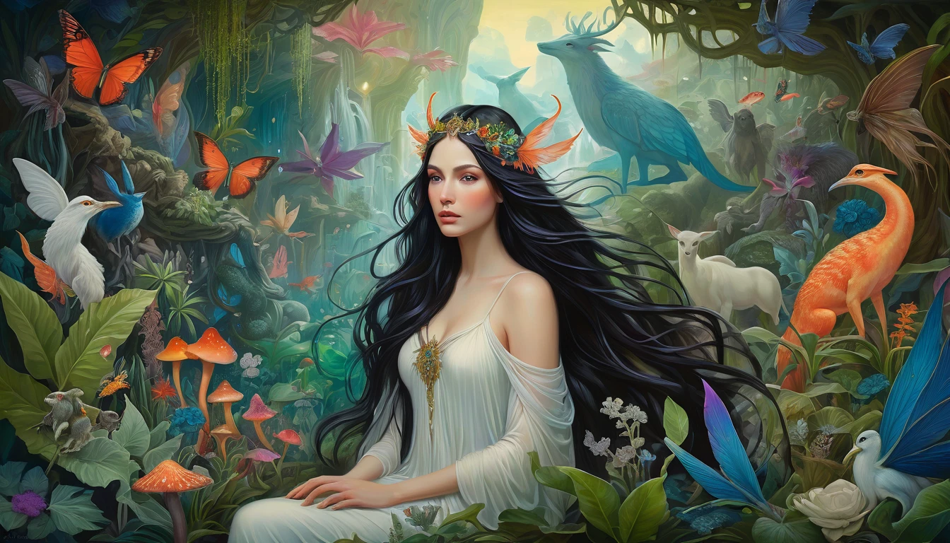 A brooding fairy queen, her dark locks cascading around alabaster skin, gazes thoughtfully amidst a whimsical menagerie of mythical creatures and lush, vibrant flora in a surreal landscape. This enchanting scene is depicted in a beautifully detailed painting, where every element exudes an otherworldly charm. The woman's ethereal presence is contrasted by the fantastical beings and exotic plants that surround her, creating a mesmerizing composition that captivates the viewer's imagination.