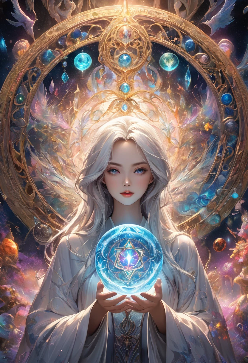 
               ((Correct and perfect anatomy) )The runes in the mysterious rune magic circle exude a mysterious light，Fascinating and curious. 

                  A beautiful astrologer with long and flowing white hair. A beautiful astrologer wearing a white luminous hoodie holding a luminous crystal ball.(There is a star-shaped totem inside the crystal ball)Close-up of man standing in magic circle casting spell. ethereal,

                     Intricate Fantasy Art Vibrant Surrealism, magic energy, High dynamic range, Dark magic swirl pattern, 

                       Mystical Art of Illusion, Extremely detailed dream scenes, Immerse yourself in a magical world, Super detailed art、Delicate and beautiful、

                              masterpiece、Premium content is very detailed、Dynamic angles and elegant atmosphere Perfect composition Intricate details Meticulous digital art
