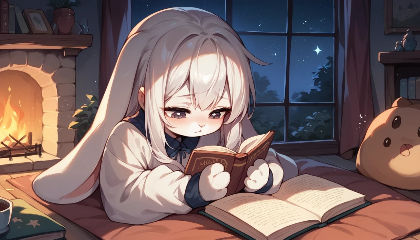 Outside at night, starry sky, in front of the fireplace inside the house, cute rabbit reading a picture book, relaxed atmosphere, sleepy, not human