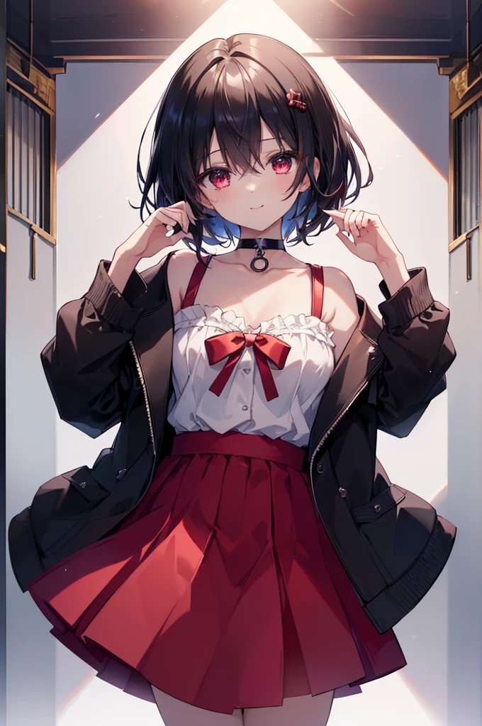 (masterpiece, highest quality, highest quality, (No text), Beautiful and aesthetic:1.2),No text,アニメ、BREAK,One Girl，Black Hair Girl　short hair　older sister　choker　Tree Eyes　Beautiful eyes　Red eyes　cool　smile　Red and Black　Black jacket　mini skirt　whole body　In town