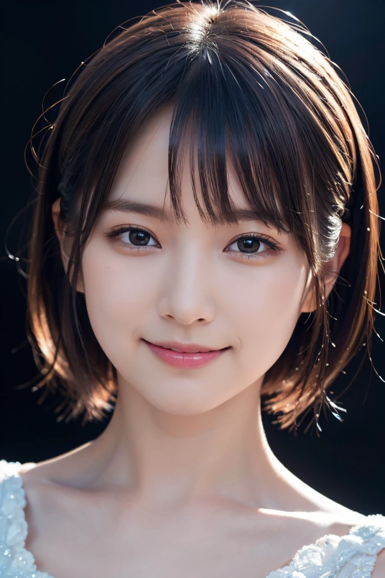 1 girl, (Wearing colorful stage costumes:1.2), Very beautiful Japanese idol portraits, Face close-up, (RAW Photos, highest quality), (Realistic, Realistic:1.4), (masterpiece), Very delicate and beautiful, Very detailed, 2k wallpaper, wonderful, finely, Very detailed CG Unity 8K wallpaper, Very detailed, High resolution, Soft Light, Beautiful detailed girl, Very detailed目と顔, Beautiful and sophisticated nose, Finely beautiful eyes, Cinema Lighting, (Simple light color background:1.3), (short hair), (Bob), Complete Anatomy, Slender body, Small breasts, smile