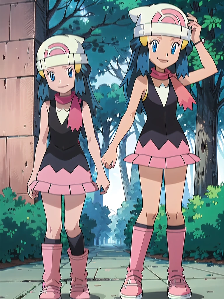 masterpiece, best quality, 1girl, dawn \(pokemon\), beanie, long hair, blue hair, blue eyes, black sleeveless shirt, pink scarf, pink skirt, pink boots, smile, looking at viewer, forest background