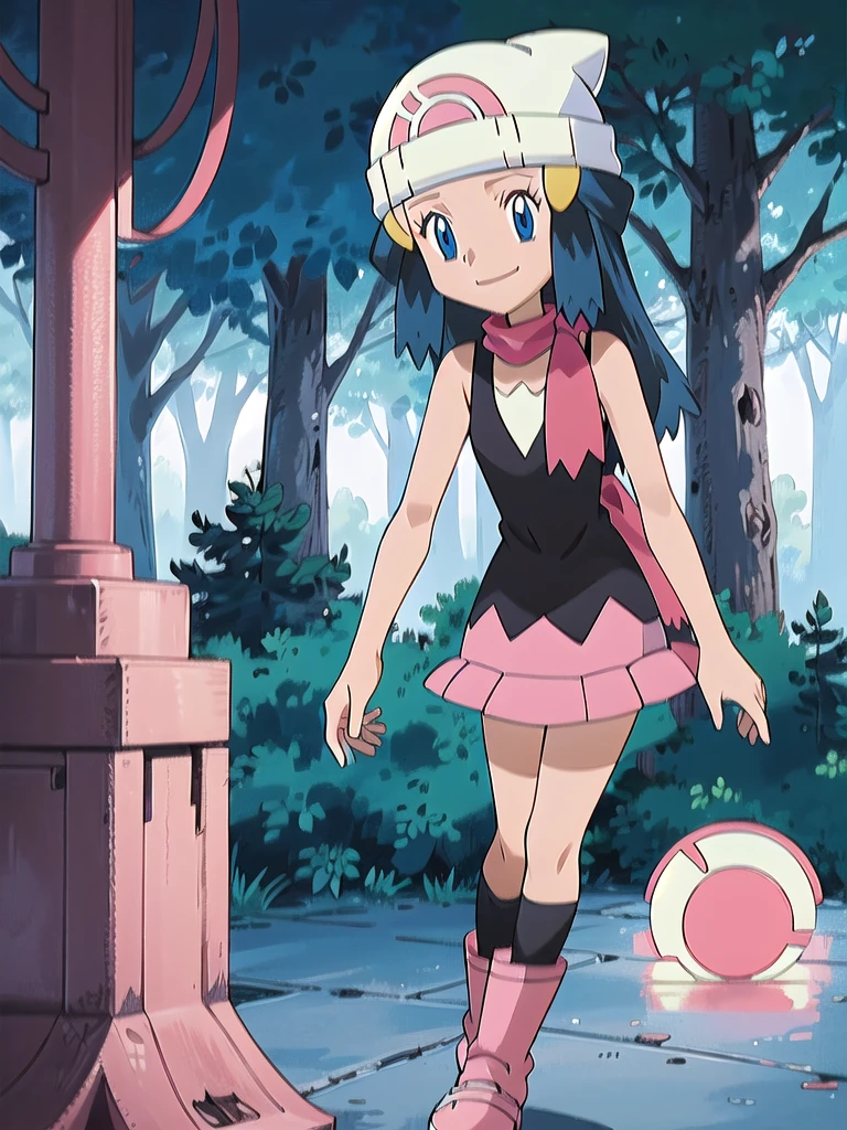 masterpiece, best quality, 1girl, dawn \(pokemon\), beanie, long hair, blue hair, blue eyes, black sleeveless shirt, pink scarf, pink skirt, pink boots, smile, looking at viewer, forest background